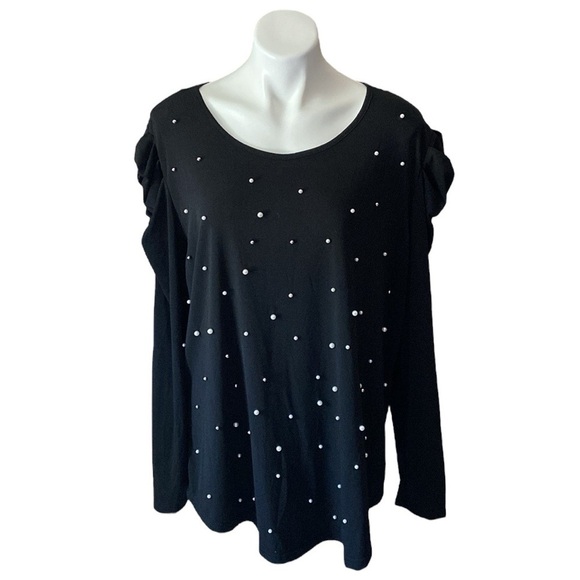 Stem & Vine Tops - Stem & Vine Black Faux Pearl Studded Mutton Long Sleeved Plus Size 3X Blouse
